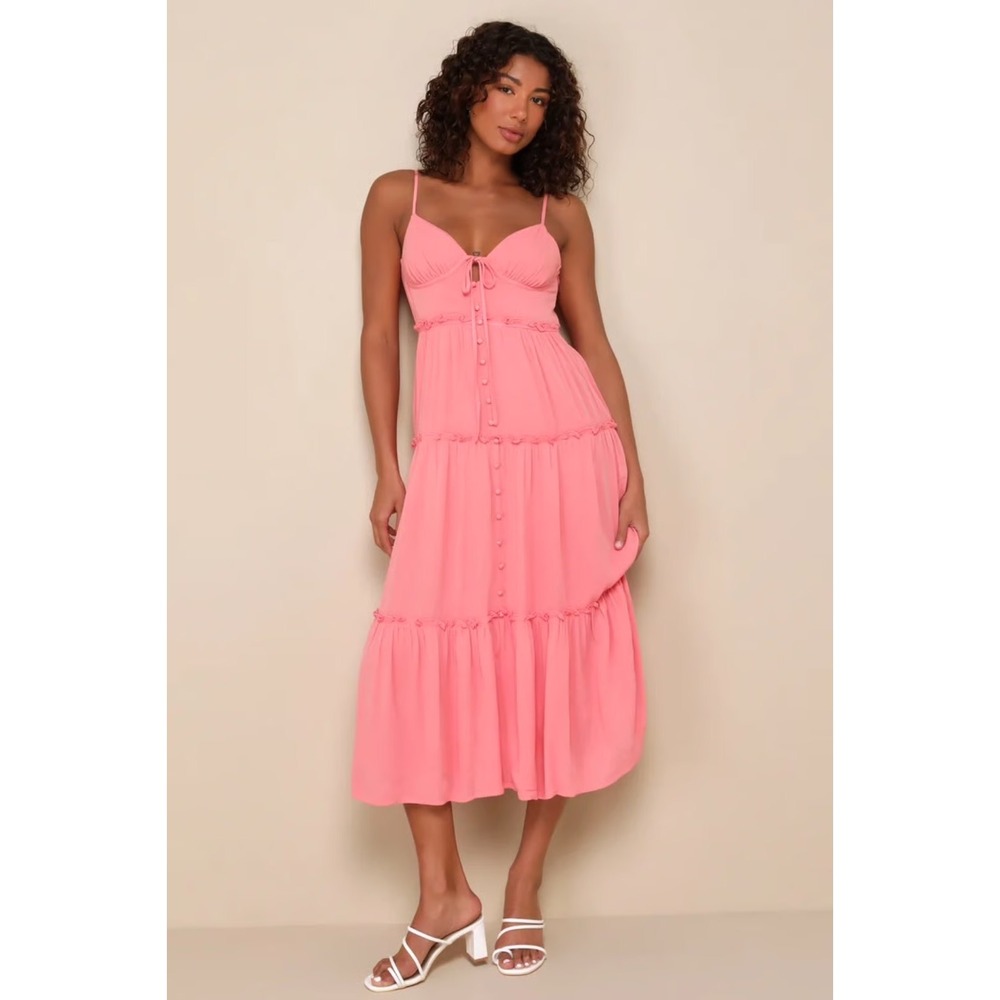 Lulus Sweetest Perception Midi Dress Womens Large Coral Pink‎ NWT Ruffle Tiered